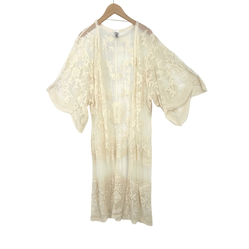 Time & Tru Lace Kimono Women S-M Cream Sheer Embroidered Coverup Boho Ethereal